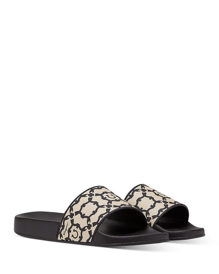Ferragamo Logo Groovy Gancini Printed Slippers In Black