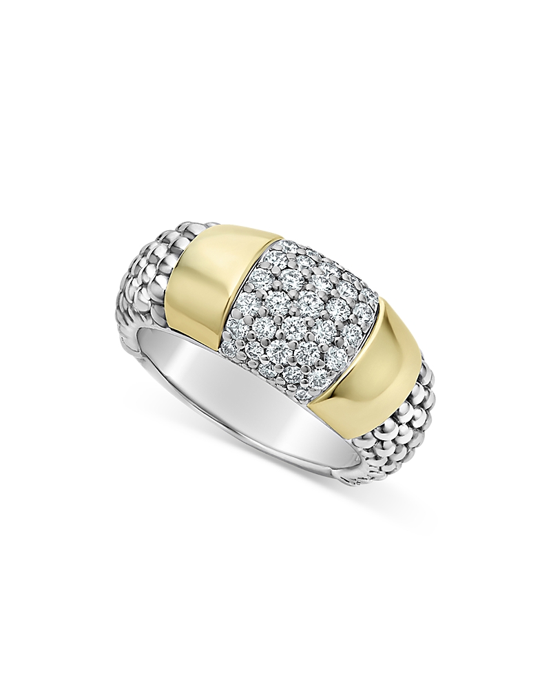 Lagos Diamond And Smooth Station Ring In 18k Gold With Sterling Silver Caviar Beading In Silver/gold
