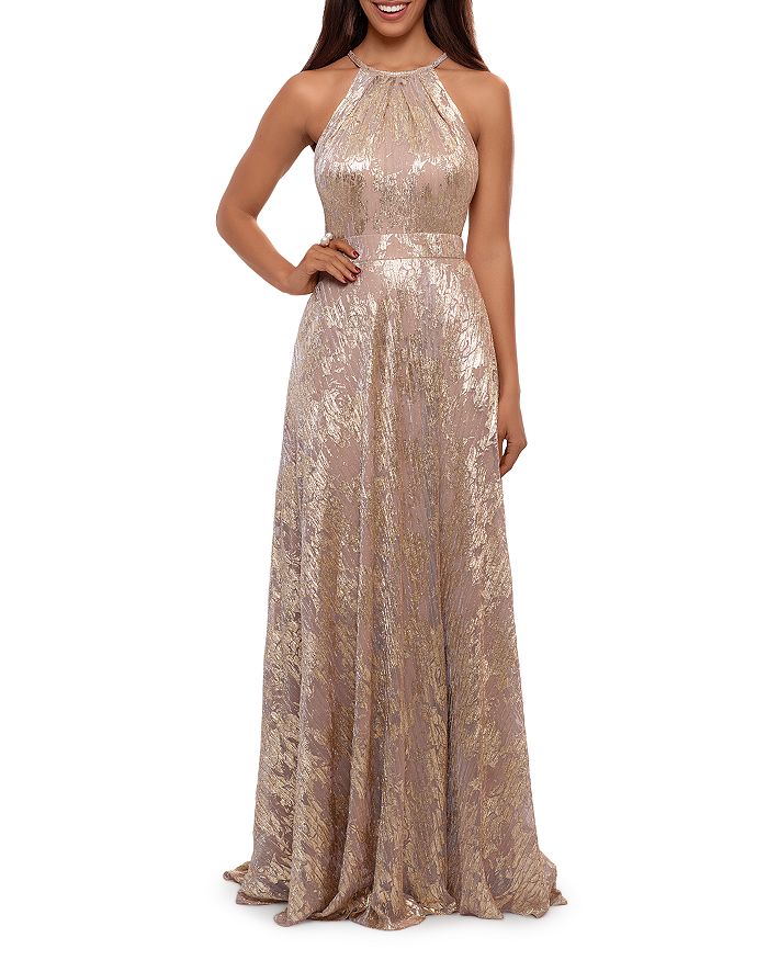 Aqua Foil Knit Halter Gown - 100% Exclusive In White/pink/gold