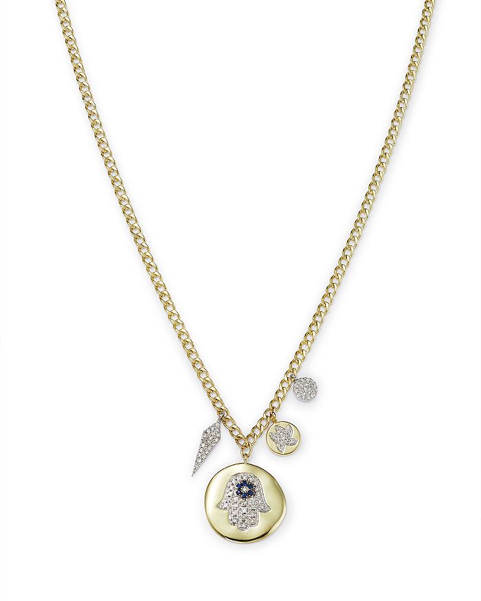 Meira T Meria T 14k Yellow Gold Diamond & Blue Sapphire Hamsa Disc Necklace, 18
