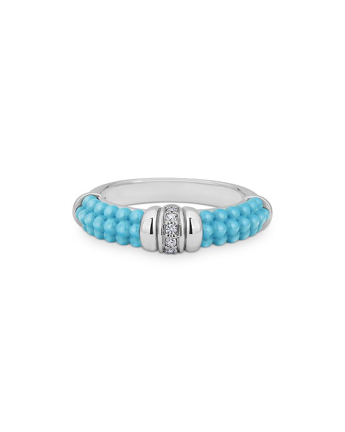 Shop Lagos Sterling Silver Blue Caviar & Diamond Stack Ring In Blue/silver