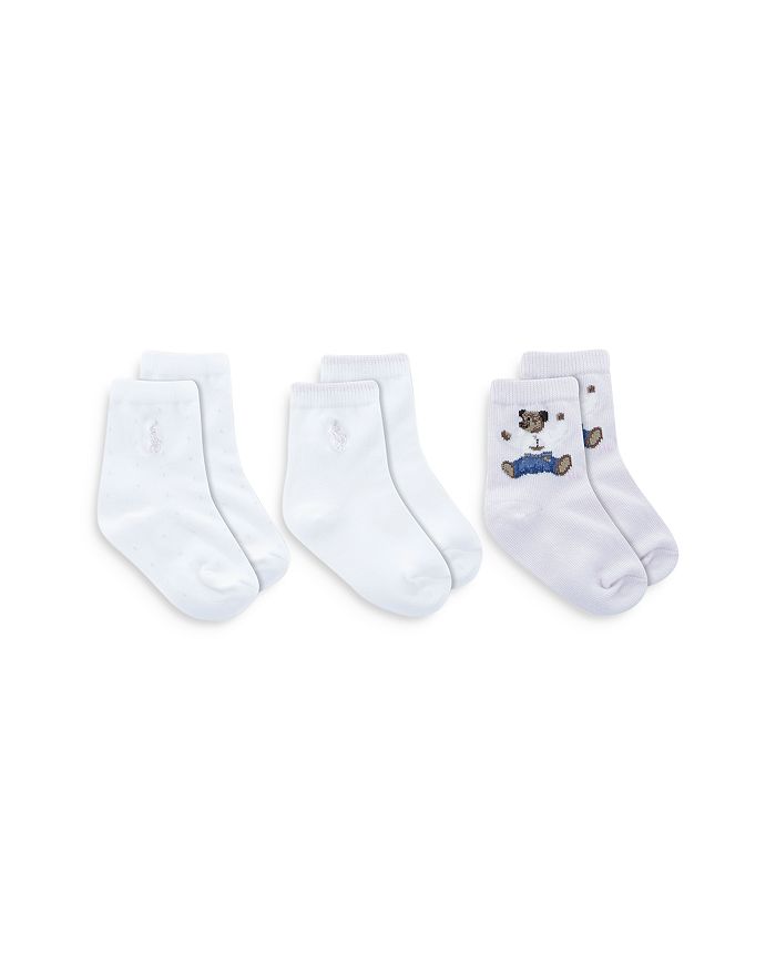 Ralph Lauren Girls' Bear & Solid Crew Socks, 3 Pack - Baby In White