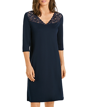 HANRO MOMENTS LACE TRIM THREE-QUARTER SLEEVE COTTON GOWN,77931