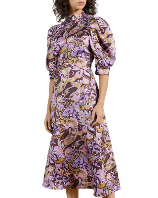 knee length dresses for ladies Short Sleeve Printed Satin Midi Dress – New York & Company main image 0