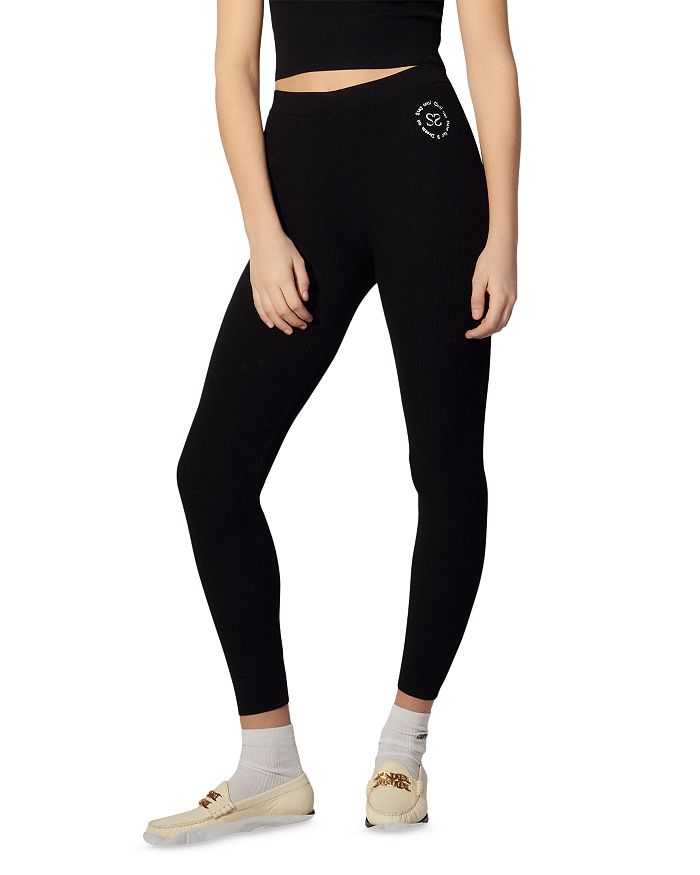 Sandro Knit Leggings With Embroidery In Navy Blue