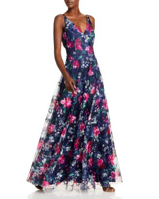 Eliza J Flowing Floral V Neck A Line Gown | Bloomingdale's