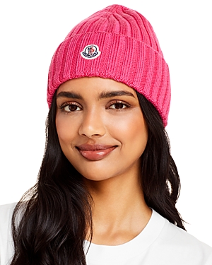 Moncler Pink Wool Hat With Logo Patch In Dark Pink