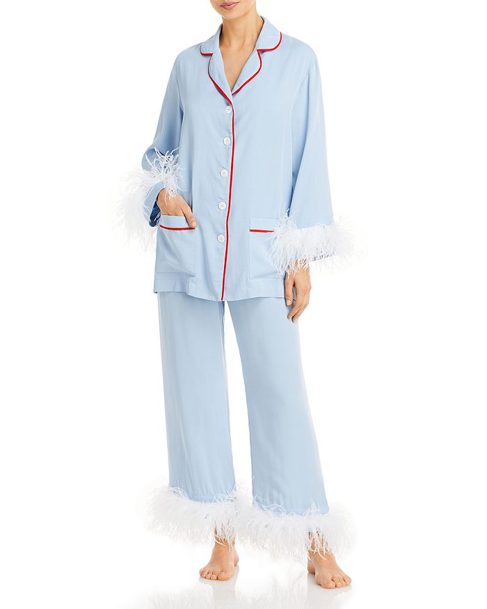 Womens Sleeper blue Feather-Trimmed Party Pyjama Set