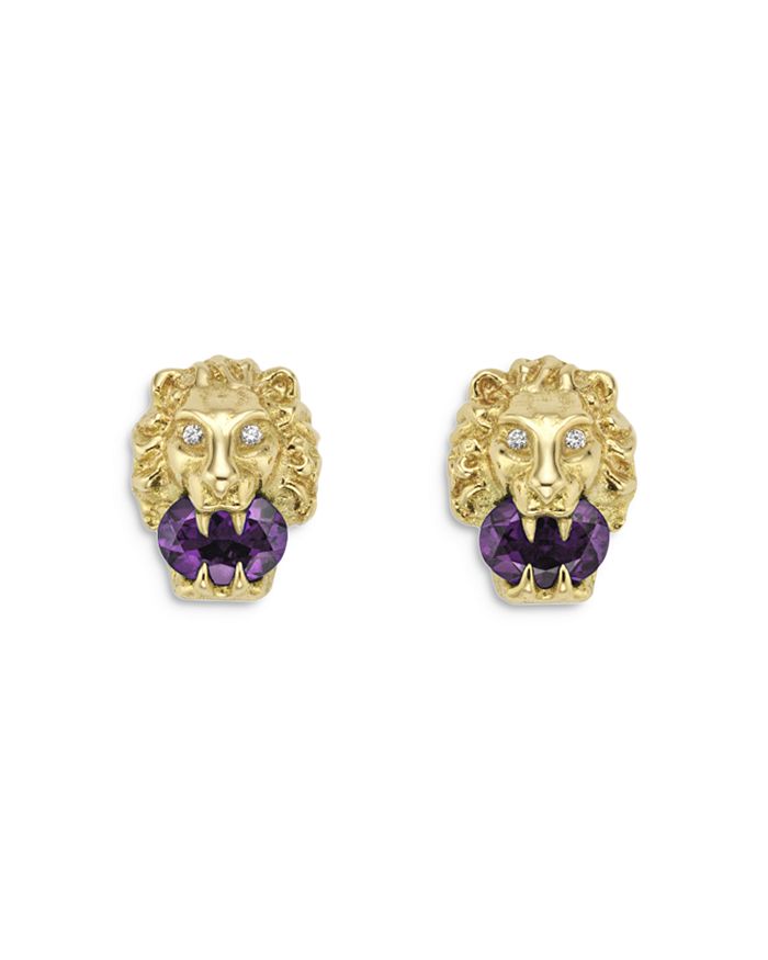 Gucci - 18K Yellow Gold Lion Head Amethyst & Diamond Stud Earrings