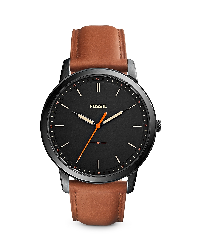 Fossil Men's The Minimalist Brown Leather Strap Watch 44mm Fs5305 In Black/brown