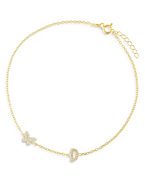 Adinas Jewels Pave Butterfly & Initial Butterfly Ankle Bracelet In Gold Vermeil Sterling Silver In D