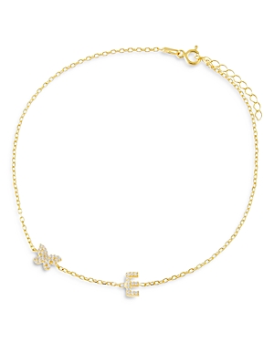 Adinas Jewels Pave Butterfly & Initial Butterfly Ankle Bracelet In Gold Vermeil Sterling Silver In E