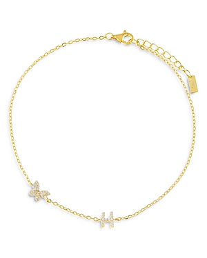 Adinas Jewels Pave Butterfly & Initial Butterfly Ankle Bracelet In Gold Vermeil Sterling Silver In H