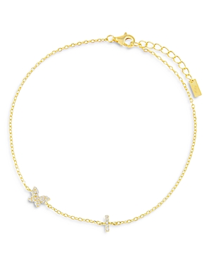 Adinas Jewels Pave Butterfly & Initial Butterfly Ankle Bracelet In Gold Vermeil Sterling Silver