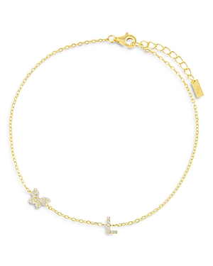 Adinas Jewels Pave Butterfly & Initial Butterfly Ankle Bracelet In Gold Vermeil Sterling Silver In L