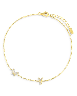 Adinas Jewels Pave Butterfly & Initial Butterfly Ankle Bracelet In Gold Vermeil Sterling Silver In Y
