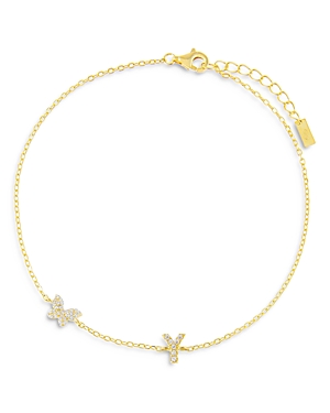 Adinas Jewels Pave Butterfly & Initial Butterfly Ankle Bracelet In Gold Vermeil Sterling Silver