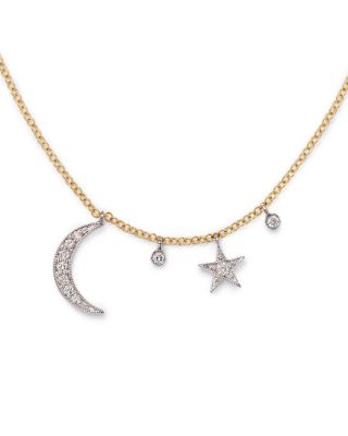 14K White and Yellow Gold Diamond Moon and Star Pendant Necklace, 16"