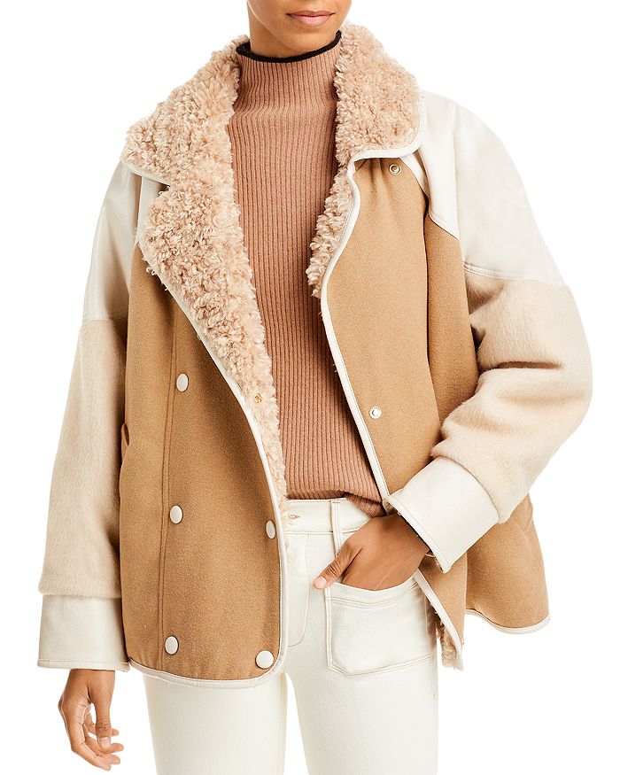 OOF WEAR Double Breasted Faux Shearling MixedMedia Coat Bloomingdale's