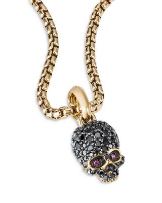 Men's 18K Yellow Gold Pav&eacute; Skull Amulet with Ruby & Diamonds