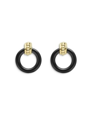 Meridian 18K Yellow Gold Caviar Black Ceramic Circle Drop Earrings 