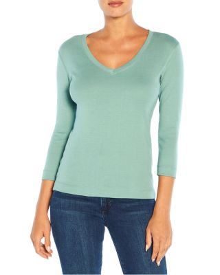 Three Dots Solid V-neck Tee In Oil Blue