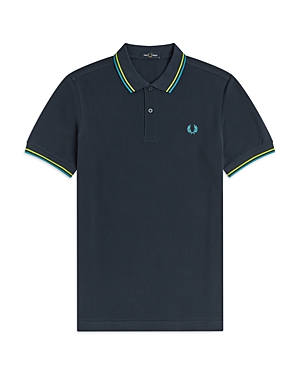 Fred Perry Twin Tipped Slim Fit Polo In Dark Airforce/lime