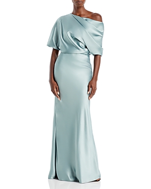 Amsale Draped Satin One Shoulder Dress In Jade | ModeSens