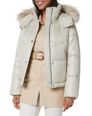 cream puffer jacket with fur hood