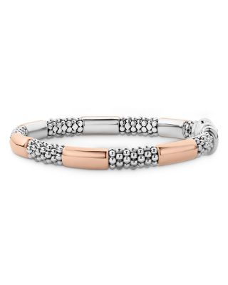 18K Rose Gold & Sterling Silver High Bar Polished & Caviar Bead Bracelet