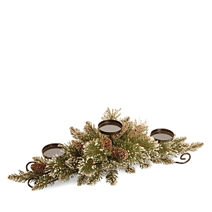 National Tree Company 30" Glittery Bristle Pine Centerpiece W/3 Candle Holders & 6 White Tipped Cones In Green