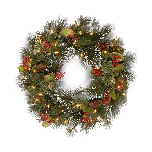 National Tree Company 24" Wintry Pine Wreath With Cones, Red Berries, Snowflakes And 50 Clear Lights In Green