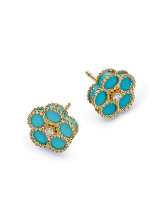 18K Yellow Gold Daisy Diamond &amp; Turquoise Stud Earrings - Exclusive
