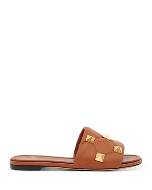 Valentino Garavani - Roman Stud Leather Slides In Brown/gold