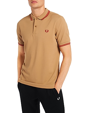 Fred Perry Twin Tipped Slim Fit Polo In Warm Stone/blood
