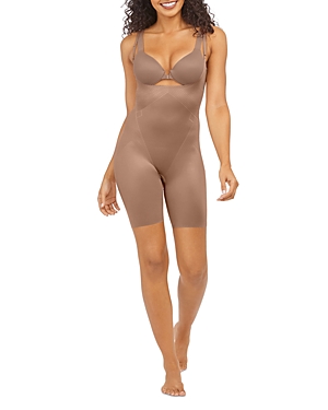 Shop Spanx Thinstincts 2.0 Open Bust Mid Thigh Bodysuit In Cafe