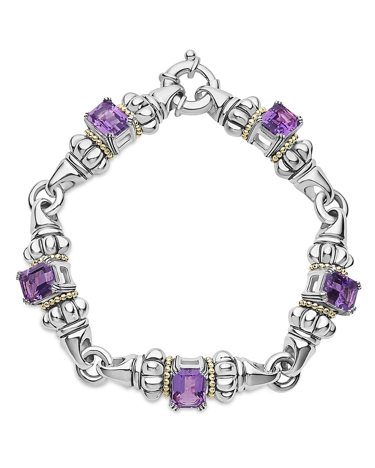 Lagos Glacier Sterling Silver, 18k Gold & Amethyst Five Link Bracelet