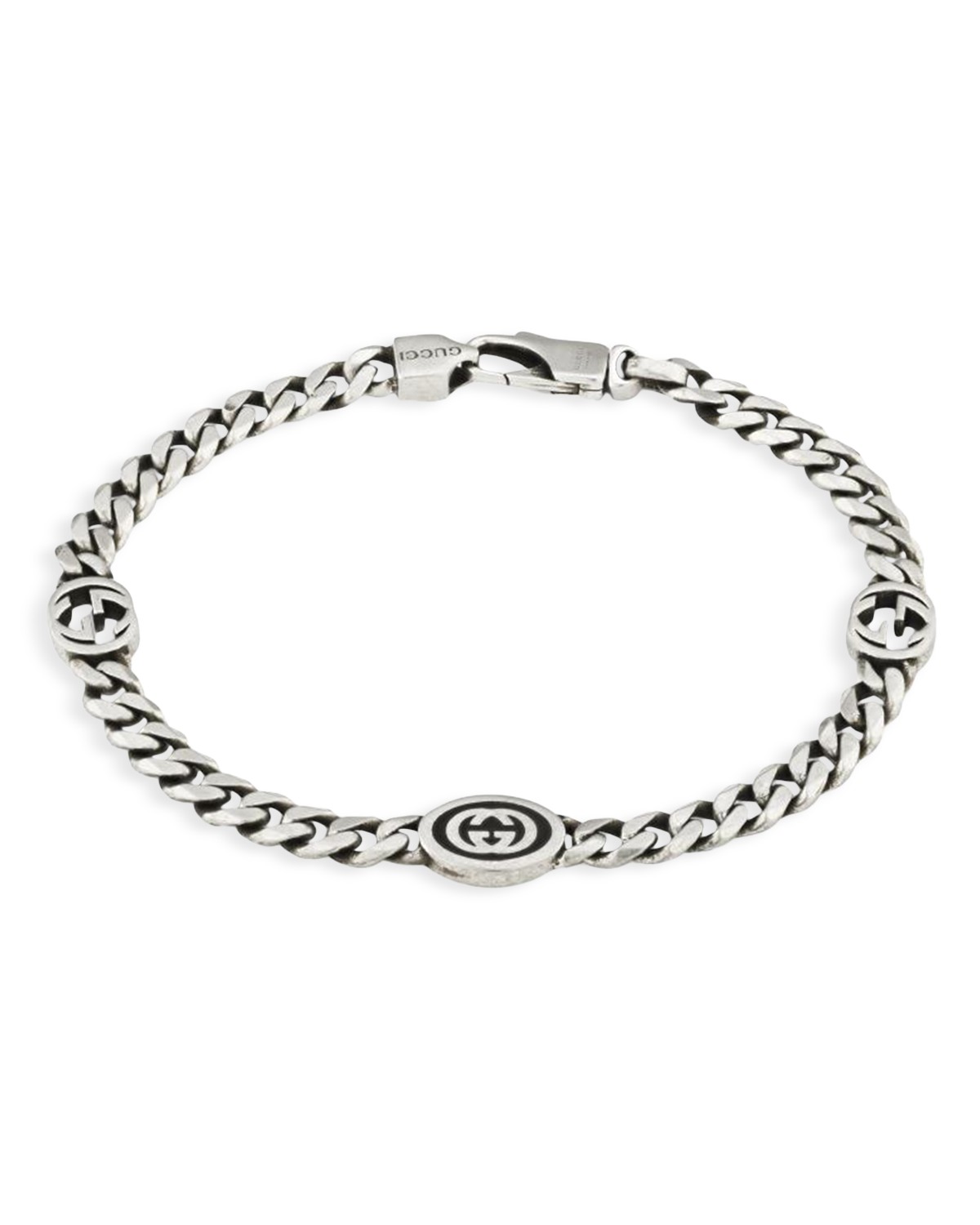 Sterling Silver Black Enamel Double G Logo Curb Link Chain Bracelet