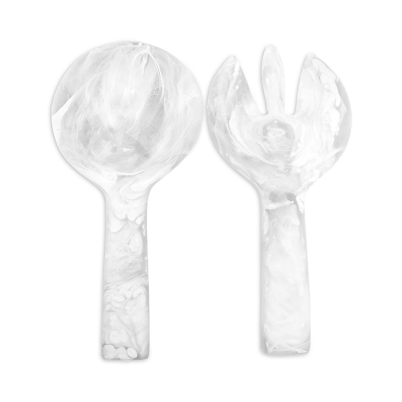 Nashi Short Handle Salad Serving Set In White Swirl