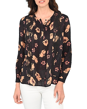 Embroidered Floral Print Henley Top