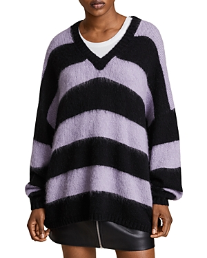 Allsaints Lou Striped V Neck Sweater In Black Lilac