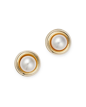 Bloomingdale's Cultured Freshwater Pearl Polished Frame Stud Earrings In 14k Yellow Gold - 100% Exclusive