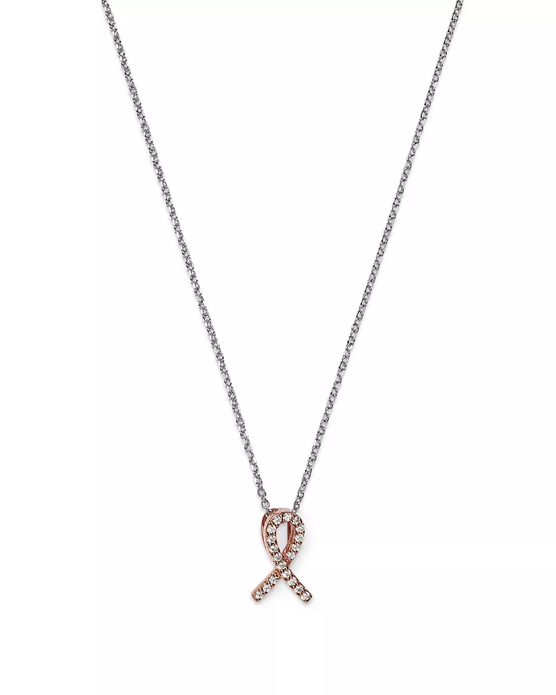 Diamond Pink Ribbon Pendant Necklace in 14K Rose and White Gold, .10 tcw