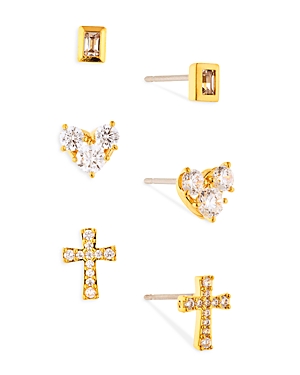 Nadri Golden Cubic Zirconia Rectangle, Heart & Cross Stud Earrings, Set of 3