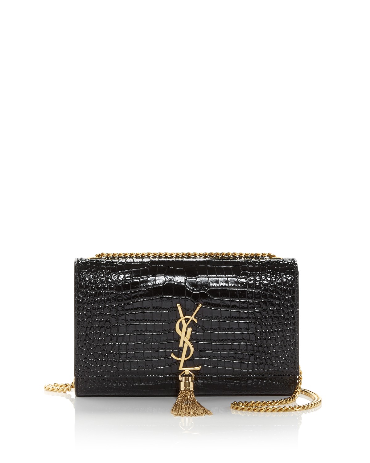 Saint Laurent Kate Medium Tassel Shoulder Bag in Black Croc Leather/Gold