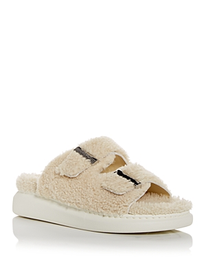 Alexander Mcqueen Oversized Hybrid Shearling Slide Sandals In Naturalmul