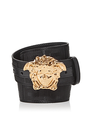 Shop Versace Men's Medusa Buckle Woven Belt In Black/ Gold