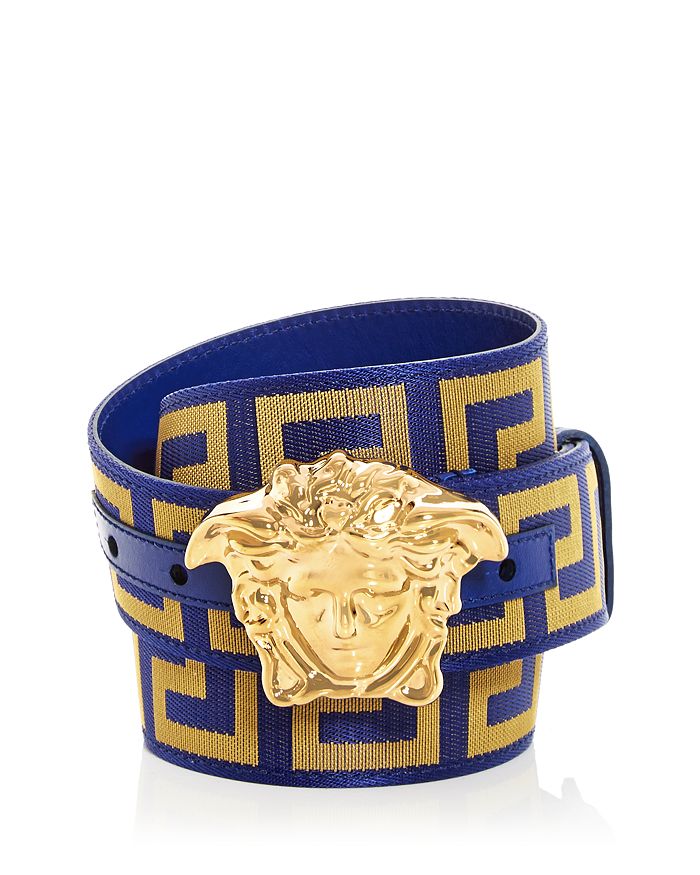 Versace Men's La Medusa Leather Belt - Blue Gold - Size 34