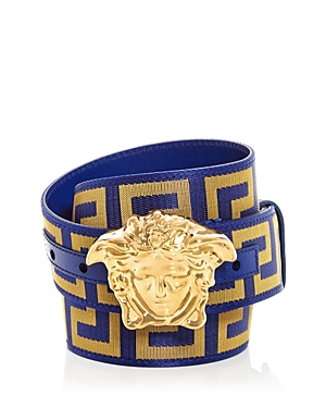 Shop Versace Men's Medusa Buckle Woven Belt In Blue/ Gold