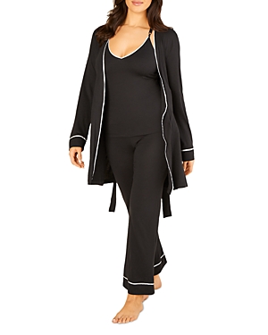 Cosabella Bella Curvy Racerback Cami, Pants & Robe Pajama Set In Black/black